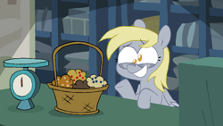 Size: 1280x720 | Tagged: safe, artist:pinkiespresent, derpy hooves, slice of life (episode), basket, cute, derpabetes, food, muffin, scene interpretation, smiling