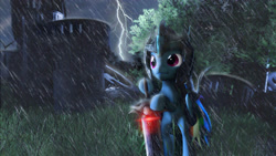 Size: 3840x2160 | Tagged: safe, artist:sindroom, derpibooru import, rainbow dash, pegasus, pony, 3d, 4k, armor, epic, lightning, rain, ruins, source filmmaker, storm, sword