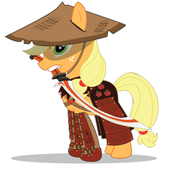 Size: 1140x1121 | Tagged: safe, artist:cxfantasy, applejack, earth pony, pony, armor, brigandine, conical hat, hat, japanese, mouth hold, samurai, simple background, solo, sword, transparent background, vector, weapon