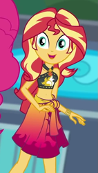 Size: 485x852 | Tagged: safe, screencap, sunset shimmer, better together, equestria girls, x marks the spot, belly button, clothes, cropped, geode of empathy, magical geodes, sleeveless, solo, swimsuit