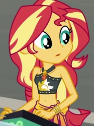 Size: 806x1078 | Tagged: safe, screencap, sunset shimmer, better together, equestria girls, x marks the spot, belly button, clothes, cropped, geode of empathy, magical geodes, midriff, sleeveless, solo, swimsuit