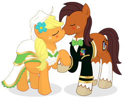 Size: 13500x10800 | Tagged: safe, artist:xniclord789x, applejack, oc, oc:niku, earth pony, pony, absurd resolution, blushing, canon x oc, clothes, cowboy hat, dress, eyes closed, female, hat, holding hooves, kissing, male, nikack, pregnant, raised hoof, shipping, simple background, stetson, straight, transparent background, uniform, vector, wedding, wedding dress