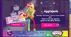 Size: 1200x629 | Tagged: safe, screencap, applejack, equestria girls, rainbow rocks, box art, flash game, my little pony logo, neon rainbow rocks, official, results, solo, very important friend