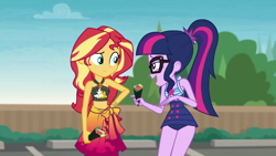 Size: 1920x1080 | Tagged: safe, screencap, sci-twi, sunset shimmer, twilight sparkle, better together, equestria girls, x marks the spot, belly button, clothes, cute, duo, duo female, female, food, geode of empathy, giggling, laughing, magical geodes, one-piece swimsuit, sarong, sleeveless, sushi, swimsuit, twiabetes