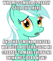 Size: 436x504 | Tagged: safe, derpibooru import, king sombra, lyra heartstrings, pony, unicorn, conspiracy lyra, exploitable meme, female, green coat, horn, looking at you, mare, meme, open mouth, simple background, solo, text, two toned mane