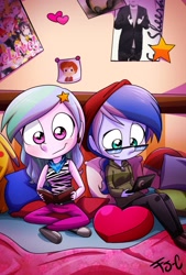 Size: 735x1088 | Tagged: safe, artist:fj-c, princess celestia, princess luna, human, bed, bedroom, blushing, book, computer, cute, ed sheeran, glasses, hat, heart, humanized, laptop computer, poster, reading, sitting, smiling, stars, younger