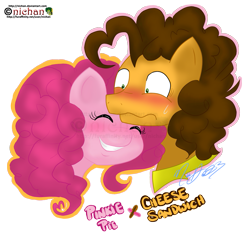 Size: 1003x938 | Tagged: safe, artist:nichan, cheese sandwich, pinkie pie, earth pony, pony, blushing, cheesepie, female, male, shipping, straight