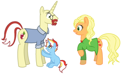 Size: 1284x776 | Tagged: safe, artist:unoriginai, applejack, flam, oc, earth pony, pony, unicorn, alternate hairstyle, appleflam, breaking bad, clothes, crossover, crossover shipping, dress, flamjack, glasses, jesse pinkman, offspring, parent:flam, parent:rainbow dash, pregnant, shirt, skyler white, walter white