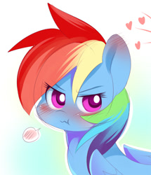 Size: 556x647 | Tagged: safe, artist:ende26, derpibooru import, rainbow dash, pegasus, pony, :t, blushing, cute, dashabetes, female, heart, solo, tsunderainbow, tsundere