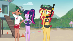 Size: 1920x1080 | Tagged: safe, screencap, sci-twi, sunset shimmer, timber spruce, twilight sparkle, better together, equestria girls, unsolved selfie mysteries, angry, annoyed, beach, belly button, bikini, blushing, clothes, geode of empathy, geode of telekinesis, lifeguard timber, magical geodes, midriff, ponytail, sand, scuba gear, sleeveless, snorkel, swimsuit, unimpressed, whistling