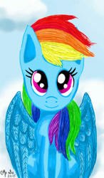 Size: 600x1024 | Tagged: safe, artist:shadow-nights, derpibooru import, rainbow dash, pegasus, pony, female, mare, signature, sitting, smiling, solo