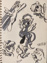 Size: 1536x2048 | Tagged: safe, artist:colorfulcolor233, bulk biceps, cloudchaser, derpy hooves, flitter, rainbow dash, spitfire, pegasus, pony, clothes, female, flying, male, mare, monochrome, simple background, smiling, stallion, traditional art, uniform, wonderbolts uniform