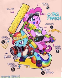 Size: 640x809 | Tagged: safe, artist:shirokuma, derpibooru import, pinkie pie, rainbow dash, earth pony, pegasus, pony, custom blaster, splat roller, splatoon, video game crossover