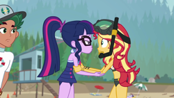 Size: 1920x1080 | Tagged: safe, screencap, sci-twi, sunset shimmer, timber spruce, twilight sparkle, equestria girls, equestria girls series, unsolved selfie mysteries, beach, clothes, geode of telekinesis, lifeguard timber, magical geodes, midriff, not an edit, out of context, scuba gear, shipping fuel, sleeveless, swimsuit