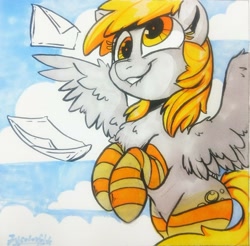 Size: 1280x1259 | Tagged: safe, artist:colorfulcolor233, derpy hooves, pegasus, pony, chest fluff, clothes, cloud, cloudy, cute, derpabetes, female, letter, lip bite, mail, mare, sky, socks, solo, spread wings, striped socks, traditional art, wings