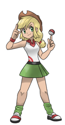 Size: 937x1801 | Tagged: safe, artist:kianamai, applejack, human, clothes, cropped, crossover, humanized, miniskirt, pokéball, pokémon, shirt, simple background, skirt, socks, solo, style emulation, white background