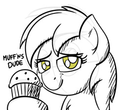 Size: 1076x959 | Tagged: safe, artist:ashtoneer, derpy hooves, pegasus, pony, black and white, bust, chest fluff, dialogue, female, food, grayscale, hoof hold, lidded eyes, looking at you, mare, monochrome, muffin, partial color, simple background, solo