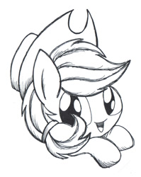 Size: 500x629 | Tagged: safe, artist:daieny, applejack, earth pony, pony, blob, bust, cute, happy, lineart, monochrome, pen, portrait, solo