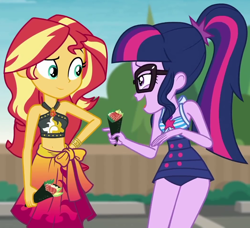 Size: 1056x962 | Tagged: safe, screencap, sci-twi, sunset shimmer, twilight sparkle, better together, equestria girls, x marks the spot, belly button, clothes, cute, duo, duo female, female, food, geode of empathy, magical geodes, midriff, one-piece swimsuit, shimmerbetes, sleeveless, sushi, swimsuit, twiabetes