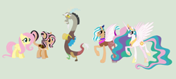 Size: 2412x1076 | Tagged: safe, artist:obeliskgirljohanny, discord, fluttershy, princess celestia, oc, oc:mariposa, oc:nike, alicorn, draconequus, hybrid, pegasus, pony, discord gets all the mares, discoshy, discoshylestia, dislestia, draconequus hybrid, female, green background, interspecies offspring, male, mare, offspring, parent:discord, parent:fluttershy, parent:princess celestia, parents:discoshy, parents:dislestia, polygamy, shipping, simple background, straight