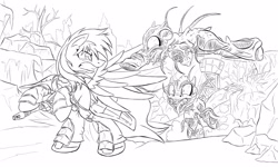 Size: 2500x1500 | Tagged: safe, artist:ruhisu, derpibooru import, oc, oc only, oc:brave wing, pegasus, pony, fallout equestria, attack, city, defending, defense, gun, male, monochrome, mutant, post-apocalyptic, ruins, sketch, stallion, standing, tentacles, wasteland, water tower, wip