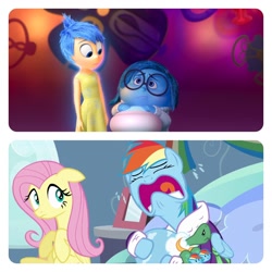 Size: 1500x1500 | Tagged: safe, derpibooru import, fluttershy, rainbow dash, tank, pegasus, pony, tanks for the memories, bathrobe, clothes, comparison, crying, disney, inside out, joy (inside out), juxtaposition, nightgown, pixar, sadness (inside out)