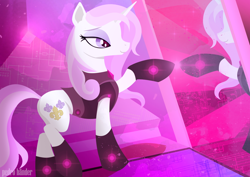 Size: 1260x890 | Tagged: safe, artist:pedrohander, derpibooru import, fleur-de-lis, unicorn, clothes, cyberpunk, mirror, solo