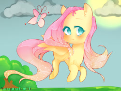 Size: 1024x768 | Tagged: safe, artist:ms-xana, fluttershy, butterfly, pegasus, pony, cloud, cloudy, solo, sun, tree