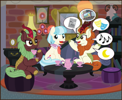 Size: 7110x5865 | Tagged: safe, artist:povitato, autumn blaze, cinder glow, coco pommel, summer flare, earth pony, kirin, pony, background kirin, chatting, cup, female, food, introvert extravert dichotomy, manehattan, mare, nervous, speech bubble, tea, teacup, wavy mouth