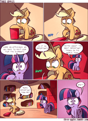 Size: 944x1294 | Tagged: safe, artist:capnpea, artist:kefkafloyd, applejack, twilight sparkle, twilight sparkle (alicorn), alicorn, earth pony, pony, comic:three apples, comic, duo, duo female, female, golden oaks library, mare, no pupils, sitting