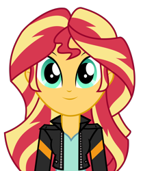 Size: 2738x3273 | Tagged: safe, artist:keronianniroro, sunset shimmer, equestria girls, clothes, female, front view, jacket, leather jacket, looking at you, simple background, smiling, solo, transparent background, vector