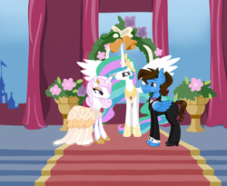 Size: 5600x4600 | Tagged: safe, artist:oneoddlady, derpibooru import, fleur-de-lis, princess celestia, oc, oc:sky dive, alicorn, pony, absurd resolution, bride, canon x oc, canterlot, clothes, dress, female, fleurdive, floral, gown, groom, male, marriage, sky, straight, wedding