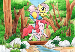 Size: 2000x1382 | Tagged: safe, artist:ecmonkey, fluttershy, pinkie pie, earth pony, pegasus, pony, balloon, eyes closed, forest, traditional art, trotting, water