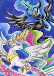 Size: 1822x2552 | Tagged: safe, artist:lunar-white-wolf, nightmare moon, princess celestia, alicorn, pony, fight, gritted teeth, growling, guardians of harmony, magic, toy fair 2016, toy interpretation, traditional art