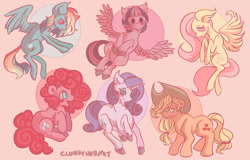 Size: 1024x655 | Tagged: safe, artist:clumsyhermit, derpibooru import, applejack, fluttershy, pinkie pie, rainbow dash, rarity, twilight sparkle, twilight sparkle (alicorn), alicorn, earth pony, pegasus, pony, unicorn, female, mane six, mare