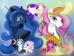 Size: 4263x3237 | Tagged: safe, artist:firimil, derpibooru import, fancypants, fleur-de-lis, fluttershy, pinkie pie, princess celestia, princess luna, rarity, twilight sparkle, alicorn, earth pony, pegasus, pony, unicorn, fanfic:the folly of princesses, fancyfleur, fanfic, fanfic art, fanfic cover, female, flarity, lesbian, male, mare, pink-mane celestia, polyamory, shipping, stallion, straight, twilestia, twinkie, twinklestia pie