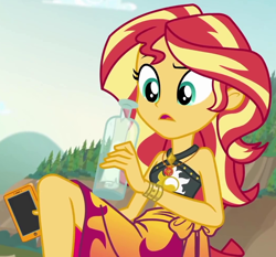 Size: 1058x985 | Tagged: safe, screencap, sunset shimmer, better together, equestria girls, x marks the spot, bottle, clothes, cropped, raised eyebrow, sleeveless, solo, swimsuit