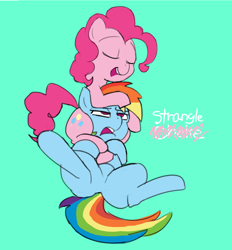 Size: 1250x1349 | Tagged: safe, artist:baigak, derpibooru import, pinkie pie, rainbow dash, earth pony, pegasus, pony, correction, female, mare, open mouth, simple background, strangling