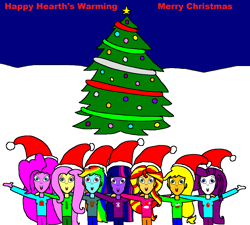 Size: 1916x1728 | Tagged: safe, artist:samueljcollins1990, applejack, fluttershy, pinkie pie, rainbow dash, rarity, sunset shimmer, twilight sparkle, equestria girls, christmas, christmas tree, hat, hearth's warming, holiday, santa hat, tree