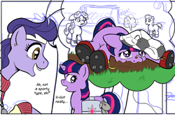 Size: 800x532 | Tagged: safe, artist:muffinshire, derpibooru import, twilight sparkle, oc, oc:willow wisp, comic:twilight's first day, cleats, comic, cute, filly, football, muffinshire is trying to murder us, wip