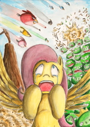 Size: 1627x2313 | Tagged: safe, artist:souleatersaku90, fluttershy, pegasus, pony, angry birds, attack, bad piggies, crossover, crown, crying, slingshot, traditional art, war, watercolor painting