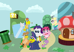 Size: 4182x2952 | Tagged: safe, artist:goomuin, derpibooru import, applejack, fluttershy, pinkie pie, rainbow dash, rarity, spike, twilight sparkle, ? block, boo, crossover, fluttershy guy, goomba, hammer bro, magikoopa, mane seven, mane six, paratroopa koopa, pipe (plumbing), shy guy, species swap, super mario bros., toad house, warp pipe, yoshi