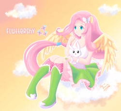 Size: 2835x2598 | Tagged: safe, artist:konakon24, angel bunny, fluttershy, equestria girls, eared humanization, human coloration, humanized, ponied up, solo, winged humanization