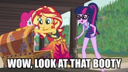 Size: 1920x1080 | Tagged: safe, edit, edited screencap, screencap, pinkie pie, sci-twi, sunset shimmer, twilight sparkle, better together, equestria girls, x marks the spot, caption, clothes, dialogue, double entendre, eyes on the prize, female, glasses, image macro, lesbian, meme, pun, scitwishimmer, shipping, sleeveless, sunsetsparkle, swimsuit, text, treasure chest