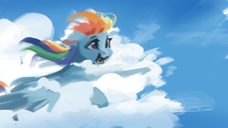 Size: 1920x1080 | Tagged: safe, artist:hierozaki, derpibooru import, rainbow dash, pegasus, pony, cloud, flying, solo