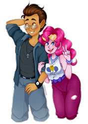 Size: 2719x3839 | Tagged: safe, artist:seishinann, pinkie pie, oc, oc:copper plume, human, equestria girls, arm behind head, belt, blushing, bracelet, canon x oc, clothes, commission, commissioner:imperfectxiii, copperpie, female, freckles, heart shaped glasses, jacket, jeans, jewelry, looking at you, male, necklace, pants, peace sign, shipping, shirt, simple background, smiling, straight, sunglasses, transparent background, watch, wide hips