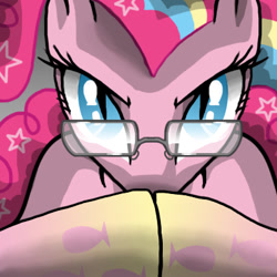 Size: 400x400 | Tagged: safe, artist:adenyne, pinkie pie, earth pony, pony, gendo pose, glare, glasses, looking at you, nightmare pinkie, nightmarified, rainbow power, slit eyes, solo