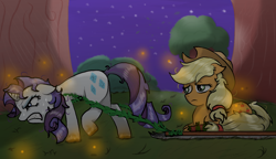 Size: 2600x1500 | Tagged: safe, artist:dusk-spark, applejack, rarity, earth pony, pony, unicorn, fanfic, fanfic art, female, injured, lesbian, rarijack, shipping, sled, sweat