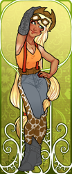 Size: 360x864 | Tagged: safe, artist:infected-ellis, applejack, human, bookmark, chaps, freckles, goggles, humanized, solo, suspenders, tailed humanization