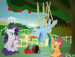 Size: 4000x3000 | Tagged: safe, artist:sollace, derpibooru import, rainbow dash, rarity, scootaloo, sweetie belle, pegasus, pony, unicorn, apple, bucket, confused, crying, food, giggling, hanging, hanging upside down, ladder, laughing, missing cutie mark, rope, spread wings, sunset, tangled up, tears of laughter, tied up, tree, tree sap and pine needles, upside down, vector, water, wings